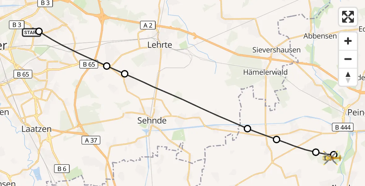 Flugroute Rettungshubschrauber Hannover Luftrettung Hubschrauberlandeplatz (Christoph 4) - Peine, 25 Juni 2026, 16:05