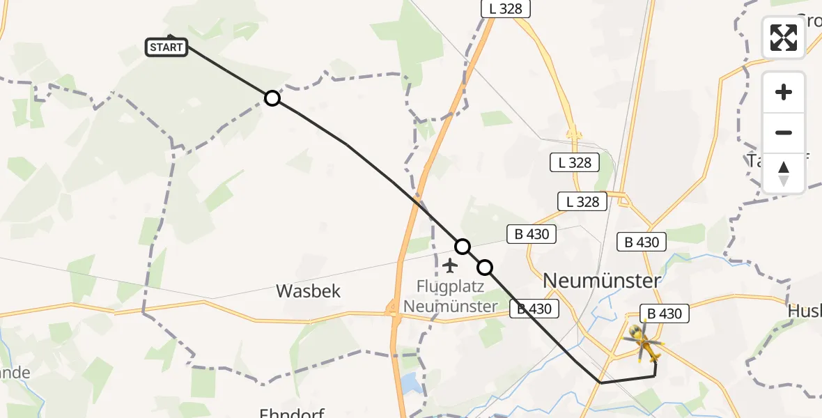 Flugroute Ambulanzhubschrauber Timmaspe - Neumünster, 25 Juni 2026, 16:05