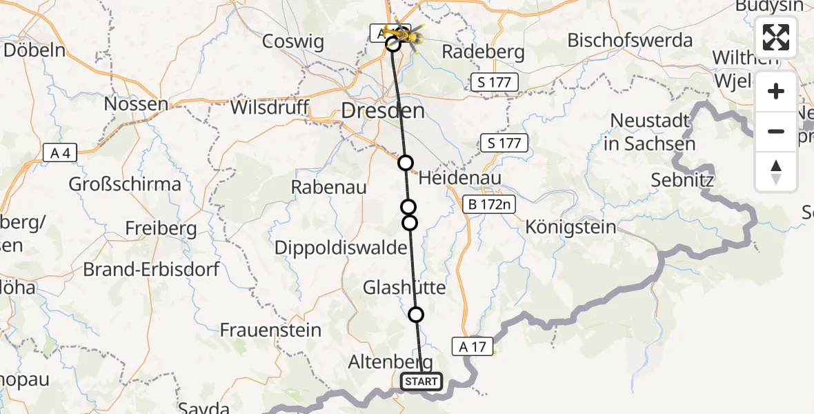 Flugroute Rettungshubschrauber Altenberg - Dresden Bundespolizei Hubschrauberlandeplatz, 25 Juni 2026, 16:09