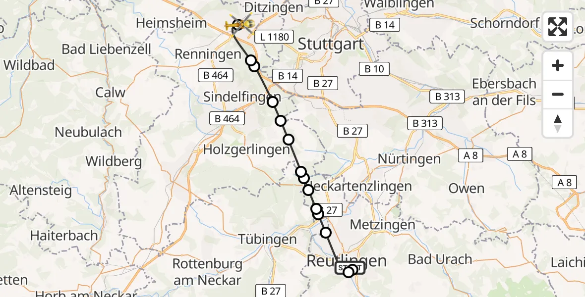Flugroute Rettungshubschrauber Reutlingen - Leonberg Hospital, 25 Juni 2026, 16:10