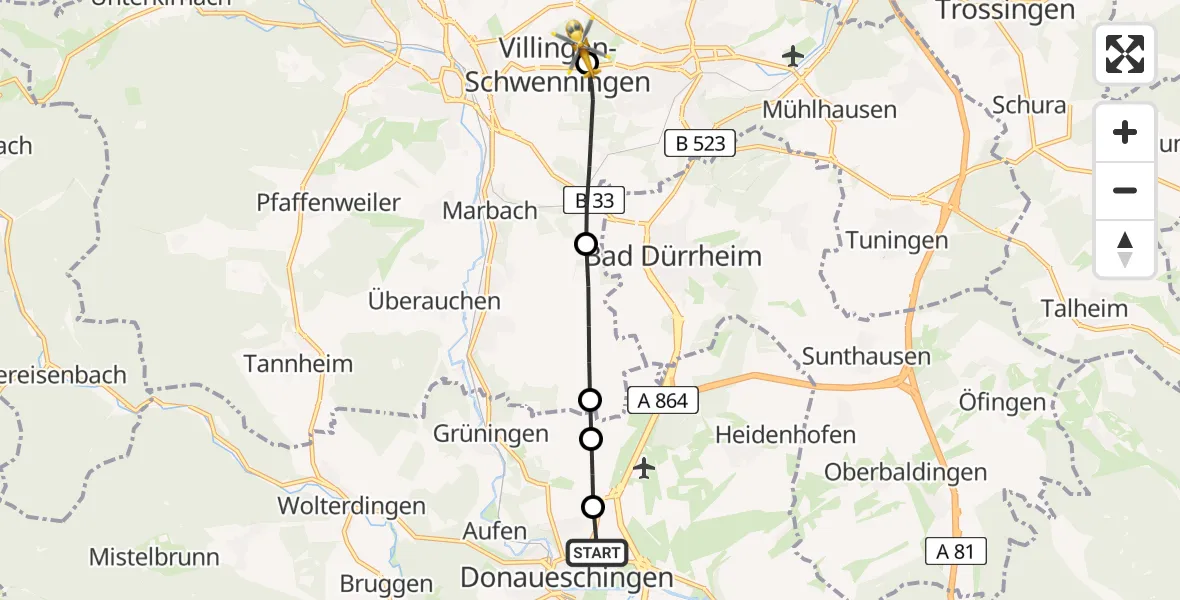 Flugroute Ambulanzhubschrauber Donaueschingen - DRF Air Rescue Station Villingen-Schwenningen Hubschrauberlandeplatz (Christoph 11), 25 Juni 2026, 16:10