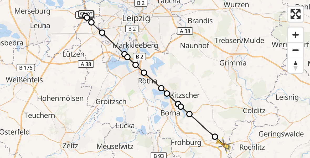 Flugroute Rettungshubschrauber ADAC Air Rescue Station Leipzig/Schkeuditz-Dölzig Hubschrauberlandeplatz (Christoph 61) - Geithain, 25 Juni 2026, 16:13