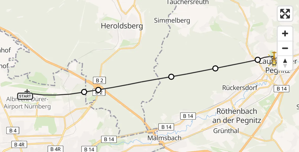 Flugroute Rettungshubschrauber Flughafen Nuremberg - Lauf a.d.Pegnitz, 25 Juni 2026, 16:15