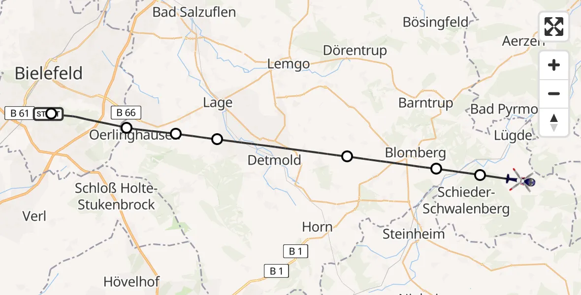 Flugroute Polizeihubschrauber Luftrettungszentrum Bielefeld - Lügde, 25 Juni 2026, 16:18