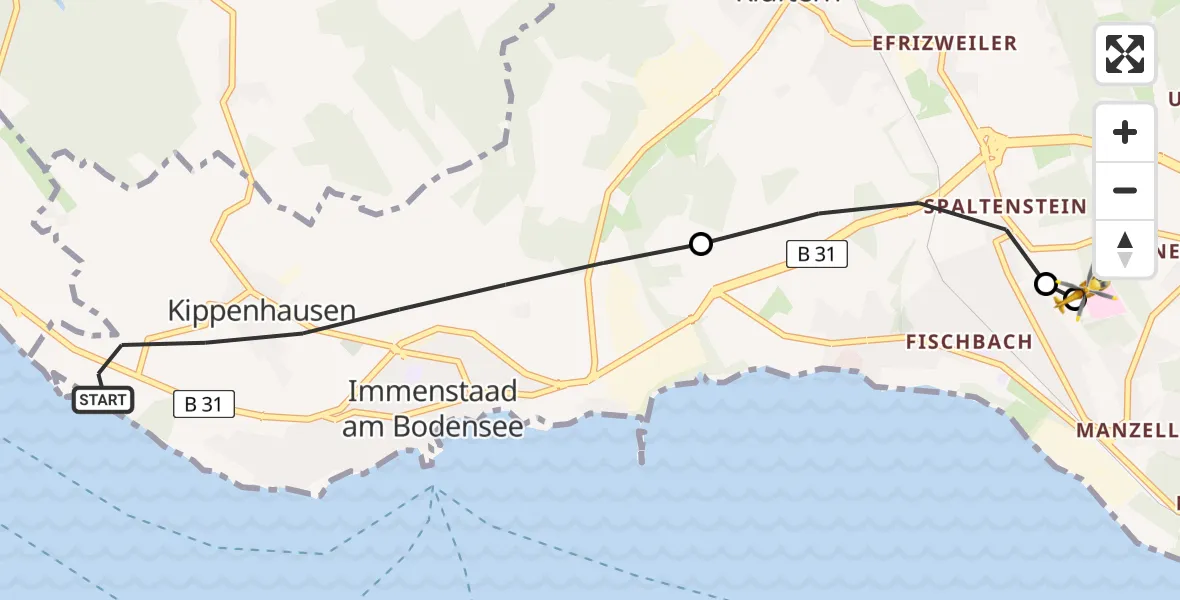 Flugroute Rettungshubschrauber Immenstaad am Bodensee - Friedrichshafen Hospital, 25 Juni 2026, 16:21