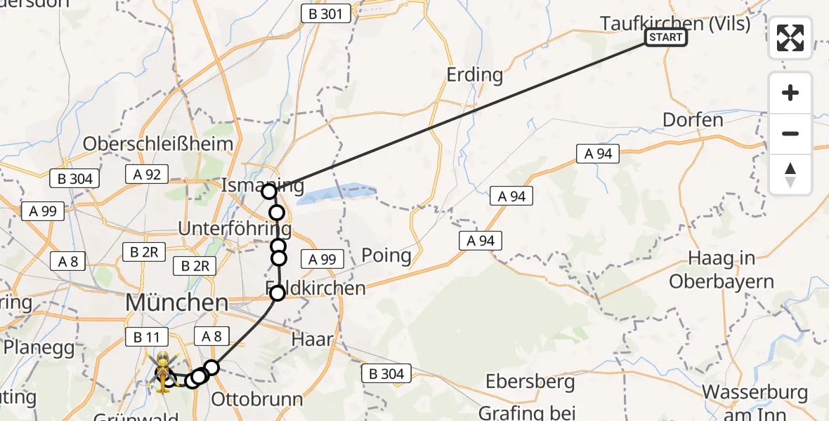 Flugroute Rettungshubschrauber Taufkirchen (Vils) - ADAC Air Rescue Center Hubschrauberlandeplatz (Christoph 1), 25 Juni 2026, 16:22