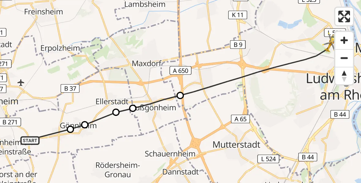 Flugroute Rettungshubschrauber Wachenheim an der Weinstraße - Ludwigshafen am Rhein, 25 Juni 2026, 16:23