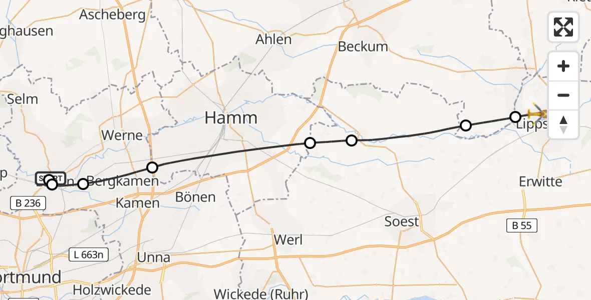 Flugroute Rettungshubschrauber Sankt Marien Hospital - Lippstadt, 25 Juni 2026, 16:26