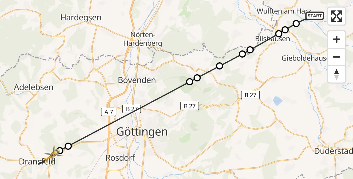 Flugroute Rettungshubschrauber Hattorf am Harz - Dransfeld, 25 Juni 2026, 16:33