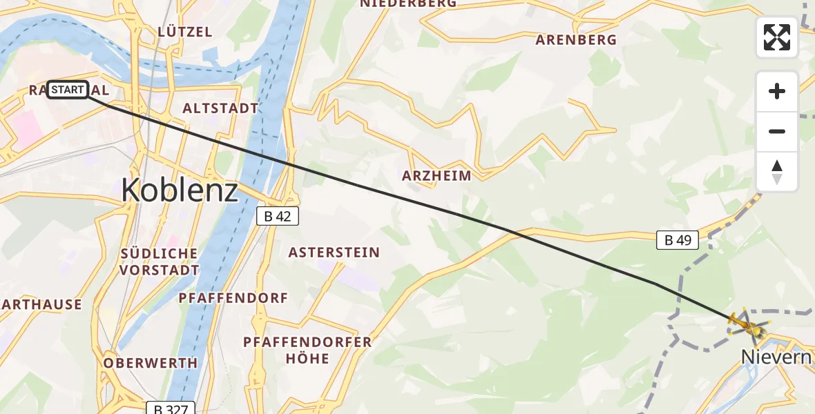 Flugroute Rettungshubschrauber Koblenz - Fachbach, 25 Juni 2026, 16:32