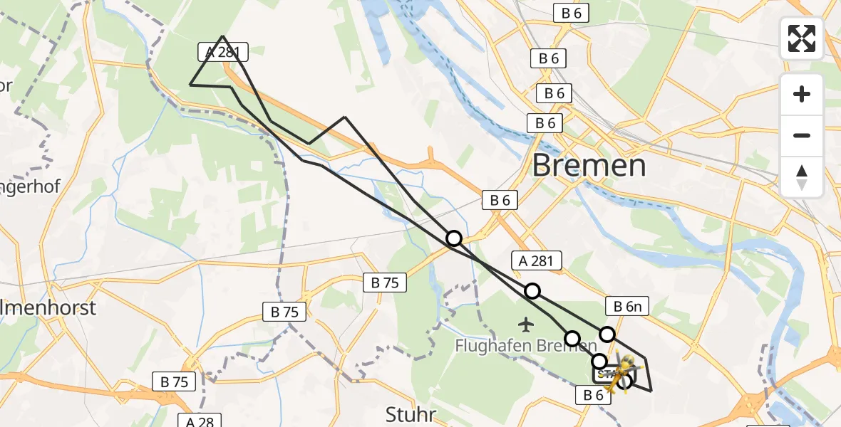 Flugroute Rettungshubschrauber ADAC Air Rescue Station Bremen Hubschrauberlandeplatz (Christoph 6) - ADAC Air Rescue Station Bremen Hubschrauberlandeplatz (Christoph 6), 25 Juni 2026, 16:36