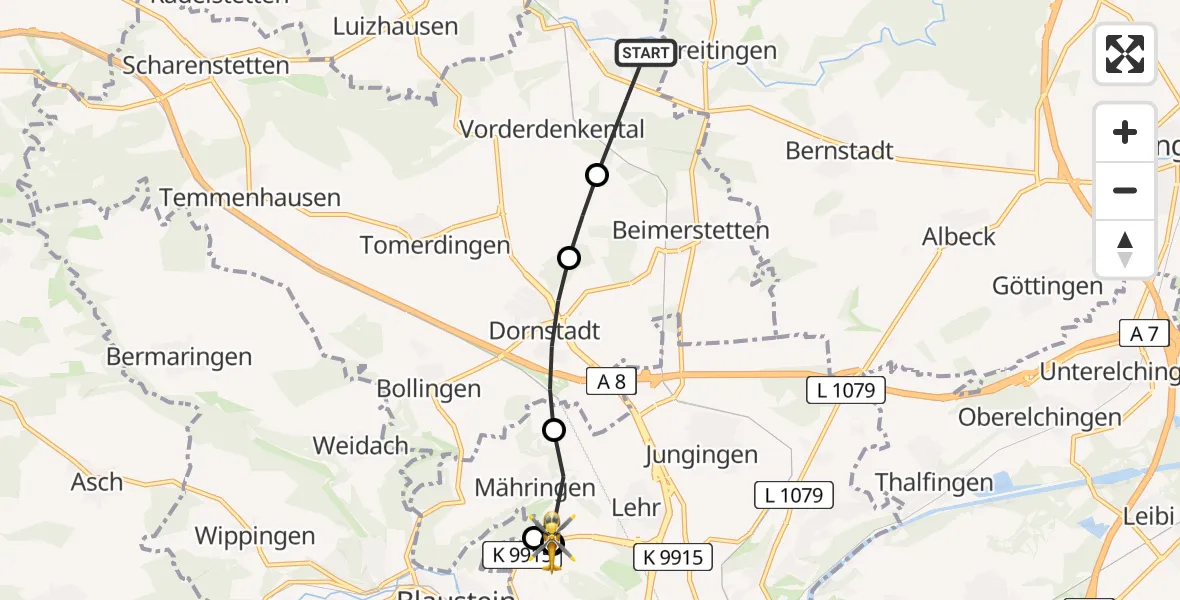 Flugroute Rettungshubschrauber Westerstetten - ADAC Air Rescue Station Ulm (Christoph 22), 25 Juni 2026, 16:38
