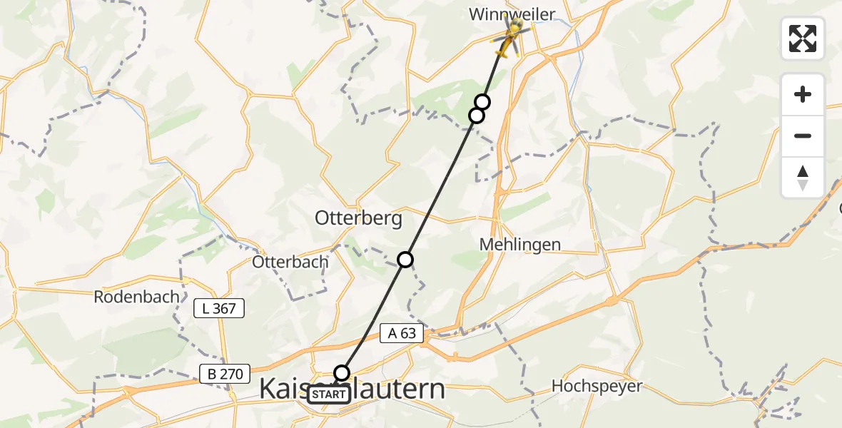 Flugroute Rettungshubschrauber Westpfalz Hospital Kaiserslautern - Winnweiler, 25 Juni 2026, 16:37