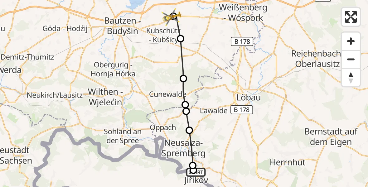 Flugroute Rettungshubschrauber Oberlausitzer Bergland Hospital - Bautzen Flugplatz, 25 Juni 2026, 16:40