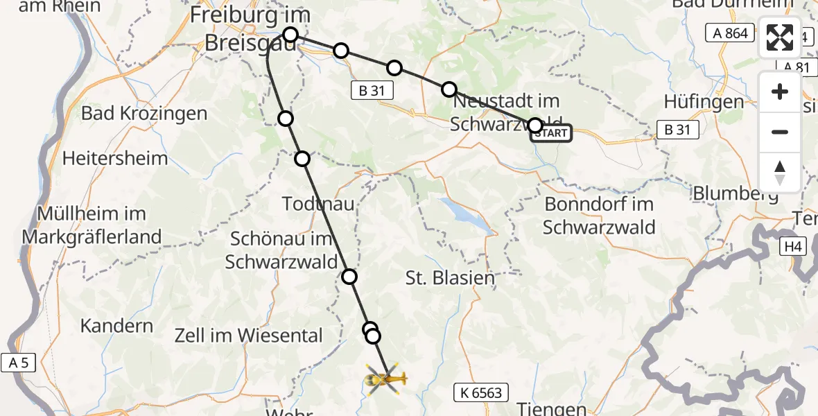 Flugroute Ambulanzhubschrauber Friedenweiler - Görwihl, 25 Juni 2026, 16:41
