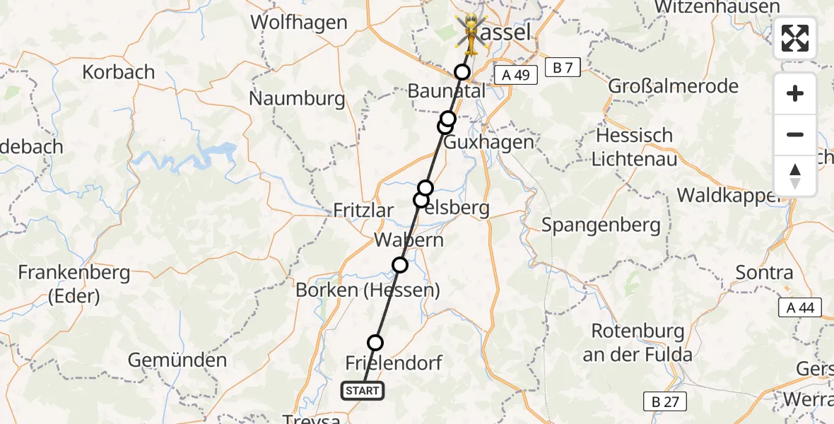 Flugroute Rettungshubschrauber Frielendorf - Kassel, 25 Juni 2026, 16:46