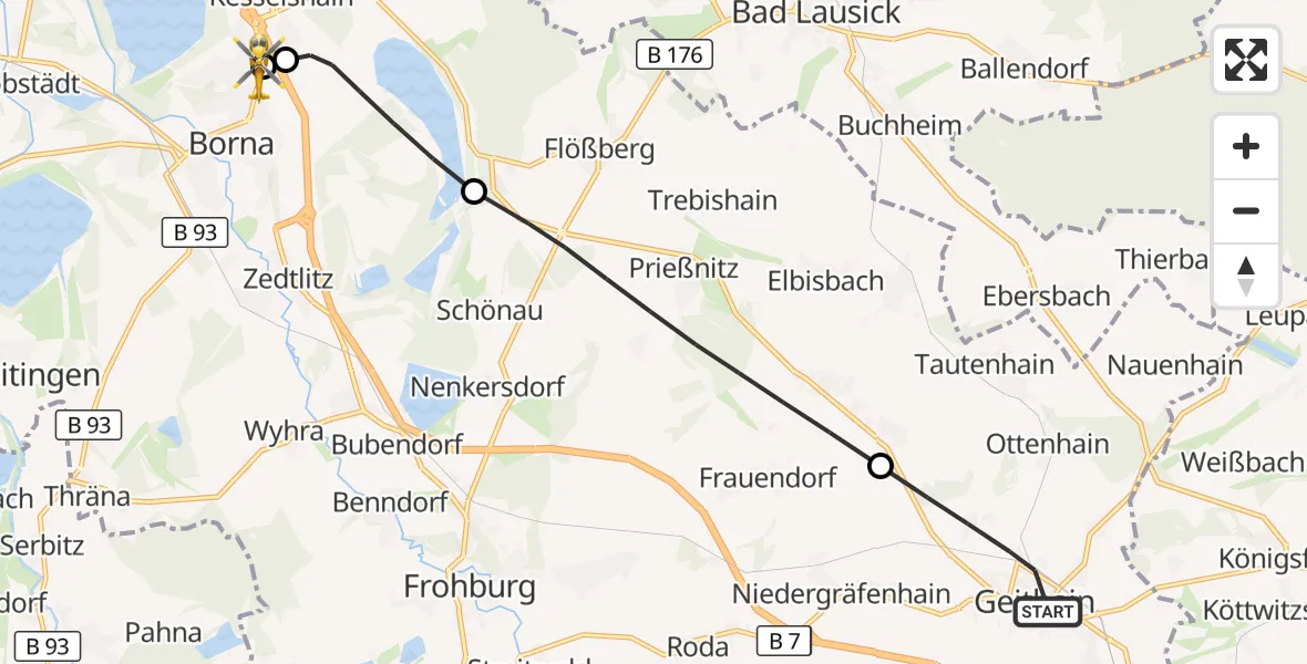 Flugroute Rettungshubschrauber Geithain - Sana Hospital Borna, 25 Juni 2026, 16:49