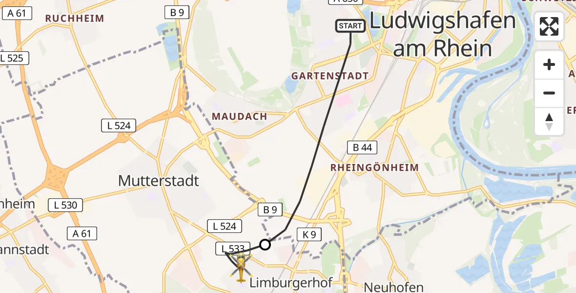 Flugroute Rettungshubschrauber Ludwigshafen am Rhein - Limburgerhof, 25 Juni 2026, 16:59