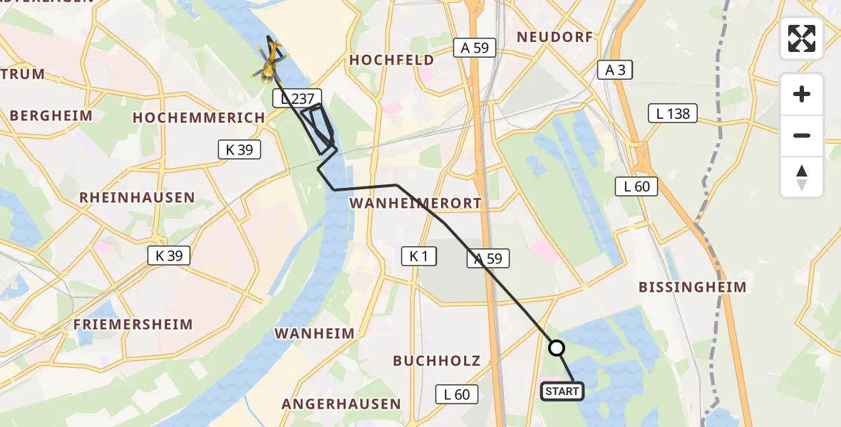 Flugroute Rettungshubschrauber Duisburg Air Rescue Hubschrauberlandeplatz (Christoph 9) - Duisburg, 25 Juni 2026, 17:01