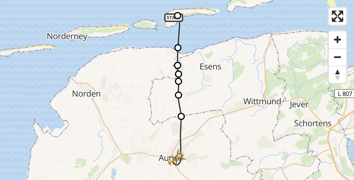 Flugroute Ambulanzhubschrauber Langeoog Flughafen - Aurich, 25 Juni 2026, 17:02