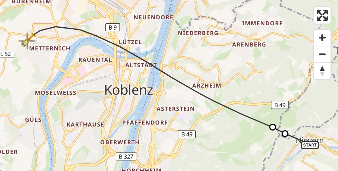 Flugroute Rettungshubschrauber Nievern - Koblenz, 25 Juni 2026, 17:04