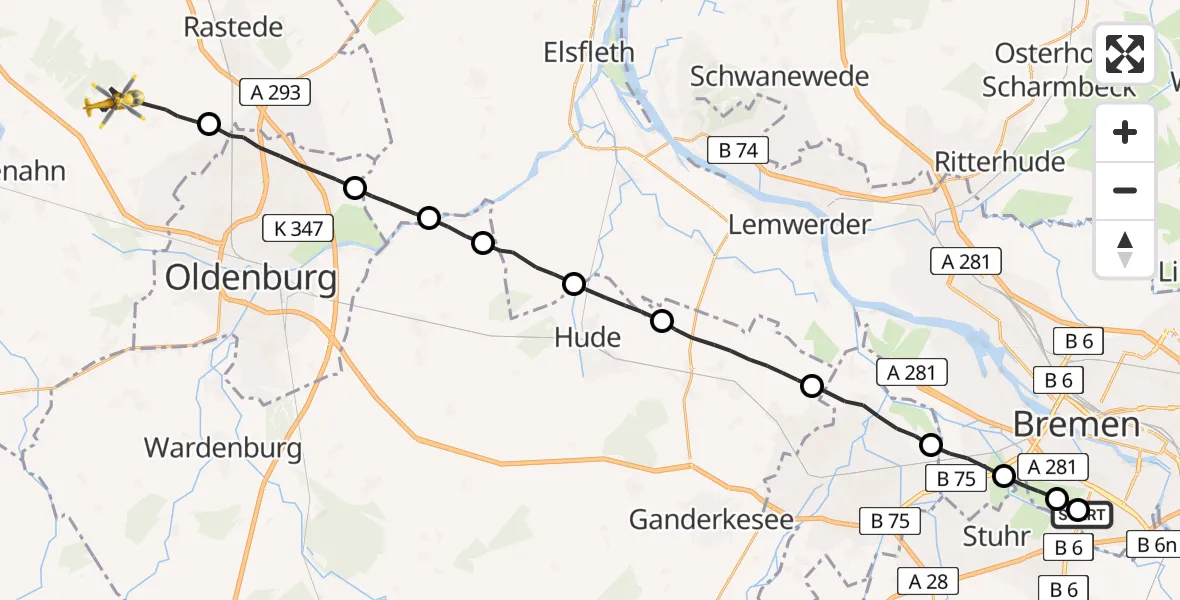 Flugroute Rettungshubschrauber ADAC Air Rescue Station Bremen Hubschrauberlandeplatz (Christoph 6) - Wiefelstede, 25 Juni 2026, 17:04