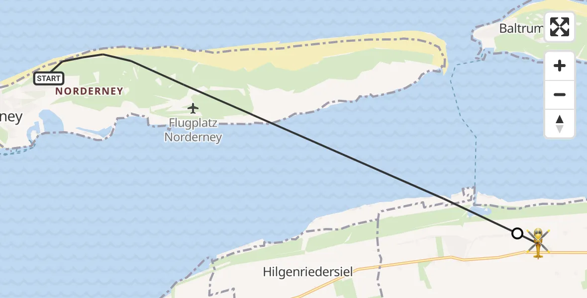 Flugroute Rettungshubschrauber Noordzee - Dornum, 25 Juni 2026, 17:05