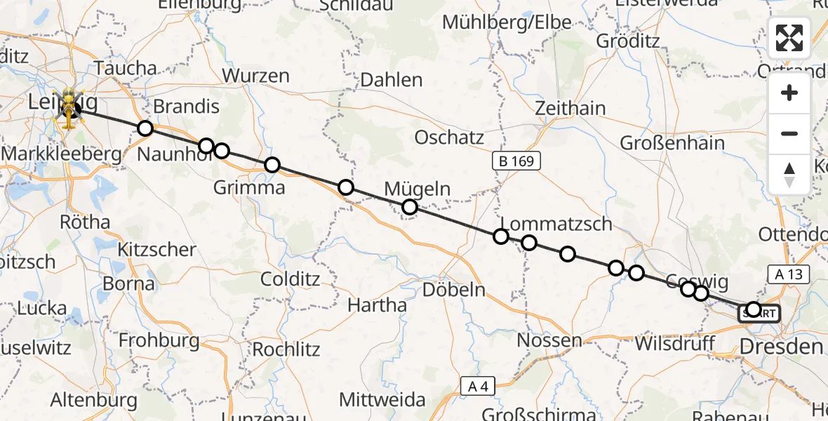 Flugroute Rettungshubschrauber Dresden - Leipzig University Hospital Heliport 1, 25 Juni 2026, 17:08