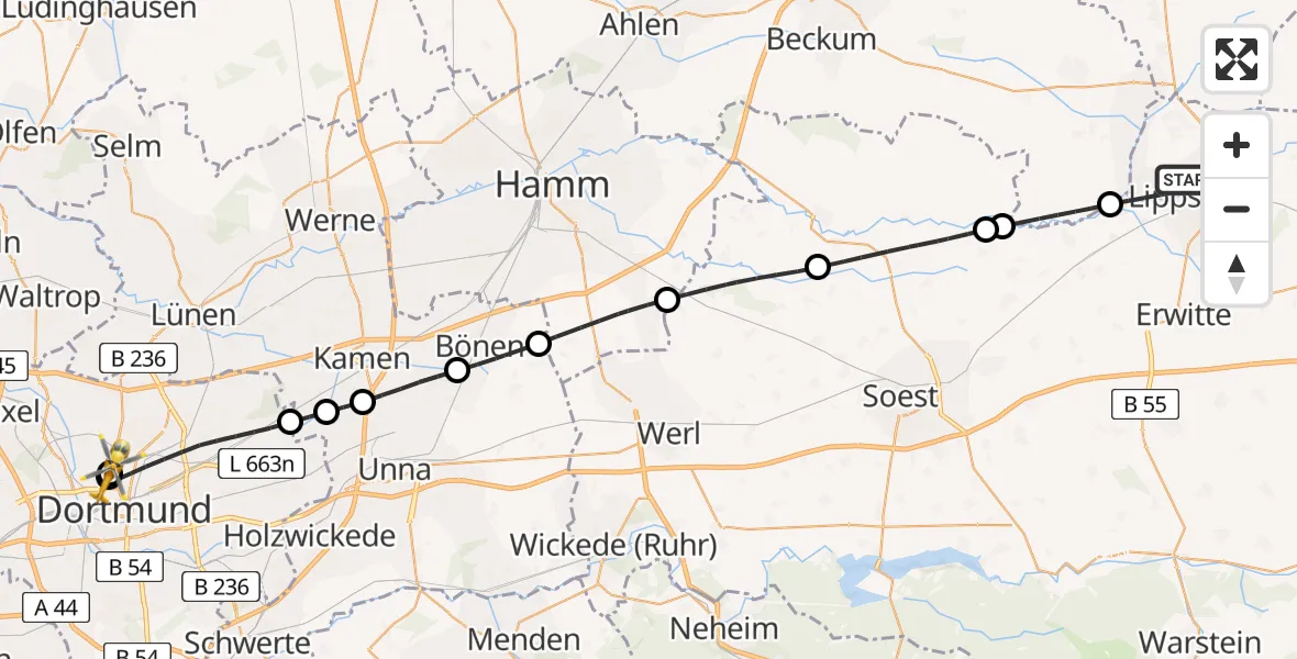 Flugroute Rettungshubschrauber Lippstadt - Dortmund Hospital North, 25 Juni 2026, 17:08
