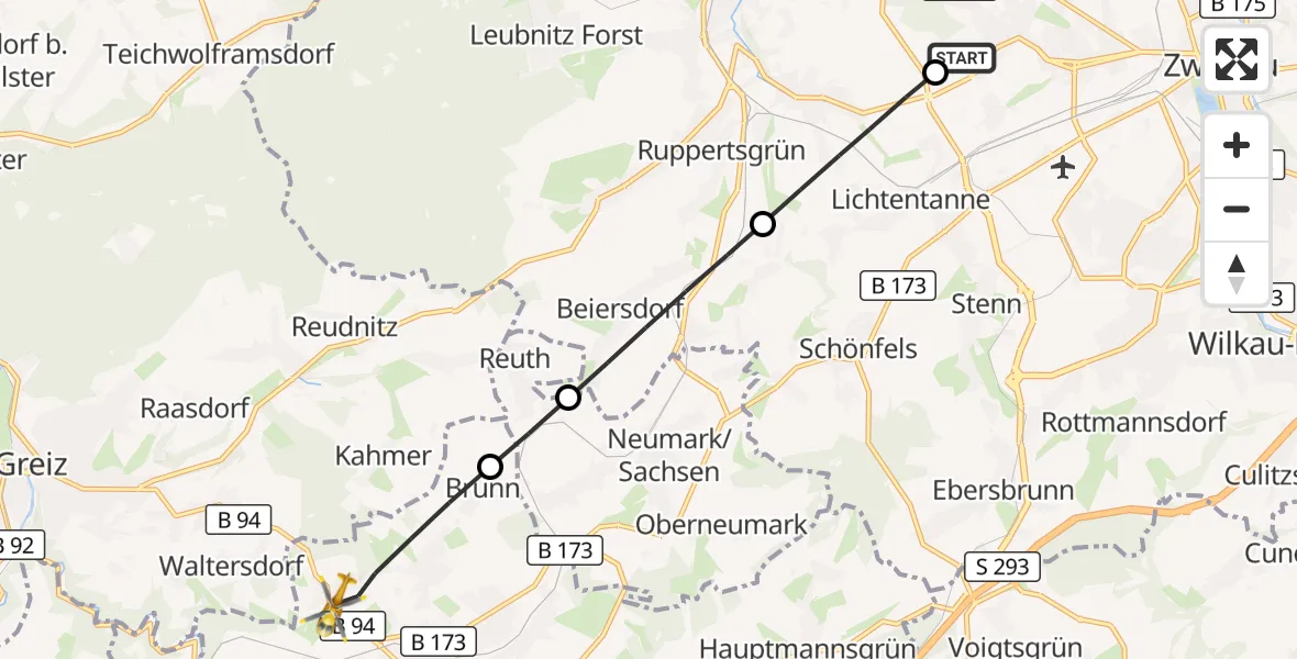 Flugroute Rettungshubschrauber ADAC Air Rescue Station Zwickau Hubschrauberlandeplatz - Reichenbach im Vogtland, 25 Juni 2026, 17:12