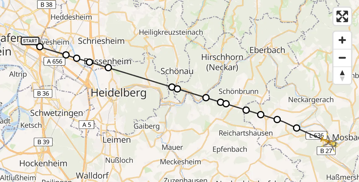 Flugroute Rettungshubschrauber Mannheim-City Flughafen - Mosbach, 25 Juni 2026, 17:19