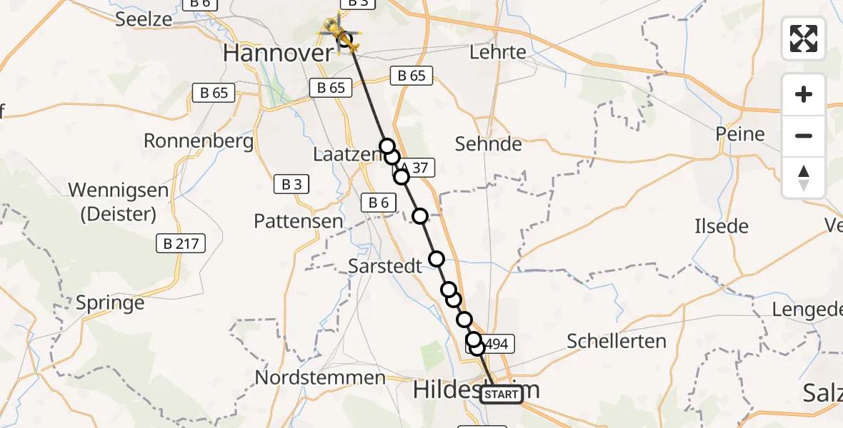 Flugroute Rettungshubschrauber Hildesheim - Hannover Luftrettung Hubschrauberlandeplatz (Christoph 4), 25 Juni 2026, 17:20