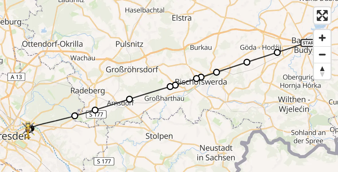 Flugroute Rettungshubschrauber Bautzen - Dresden University Hospital, 25 Juni 2026, 17:23