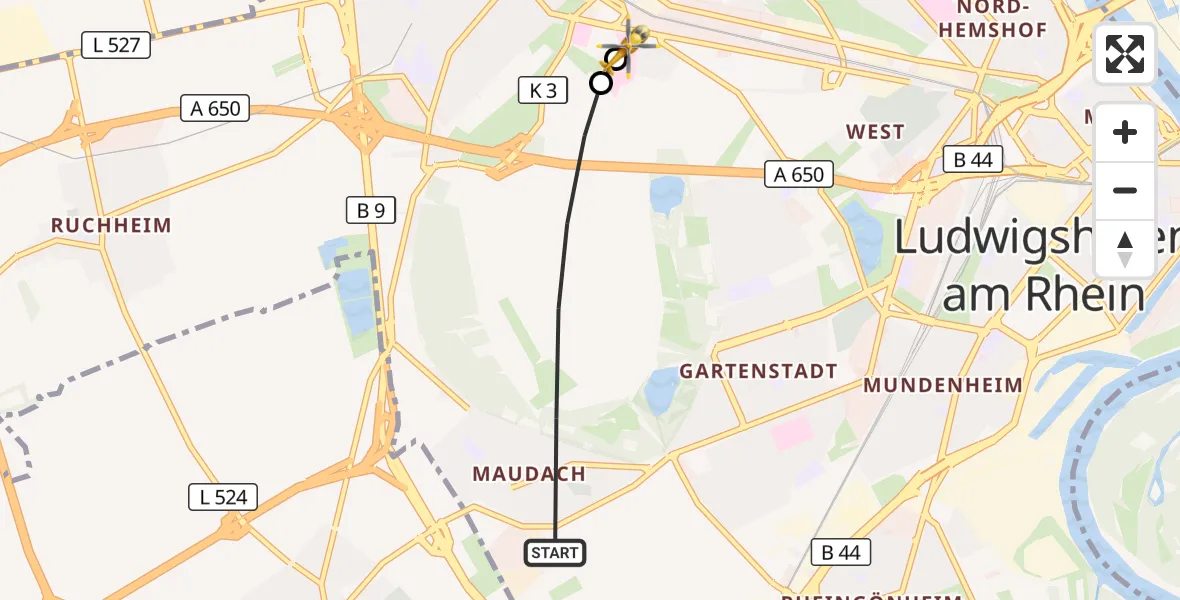 Flugroute Rettungshubschrauber Ludwigshafen am Rhein - Ludwigshafen Accident Hospital, 25 Juni 2026, 17:25