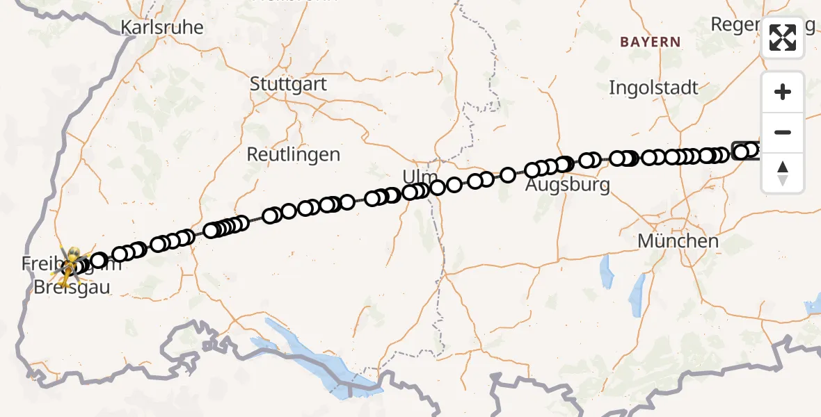 Flugroute Rettungshubschrauber Landshut Flugplatz - Freiburg im Breisgau Flugplatz, 25 Juni 2026, 17:26