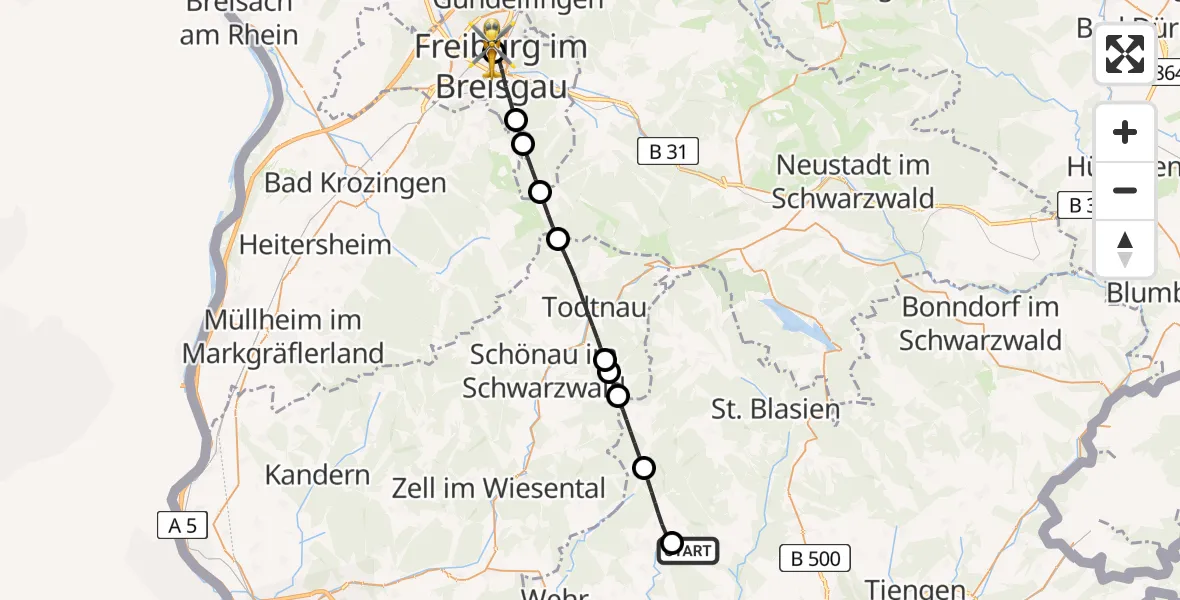 Flugroute Ambulanzhubschrauber Görwihl - Freiburg University Hospital Heliport 2, 25 Juni 2026, 17:27