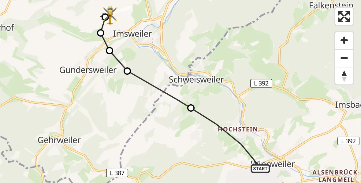 Flugroute Rettungshubschrauber Winnweiler - Imsweiler UL, 25 Juni 2026, 17:27