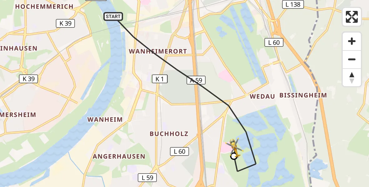 Flugroute Rettungshubschrauber Duisburg - Duisburg Air Rescue Hubschrauberlandeplatz (Christoph 9), 25 Juni 2026, 17:34