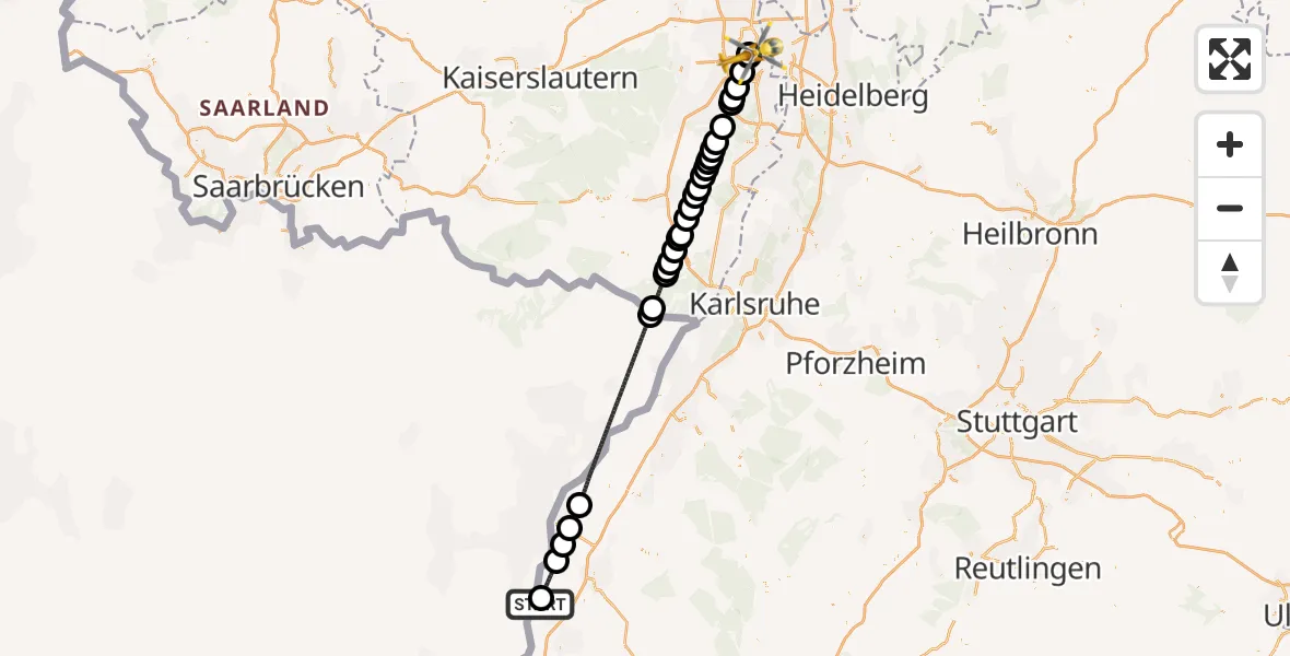 Flugroute Ambulanzhubschrauber Meißenheim - Ludwigshafen Accident Hospital, 25 Juni 2026, 17:37