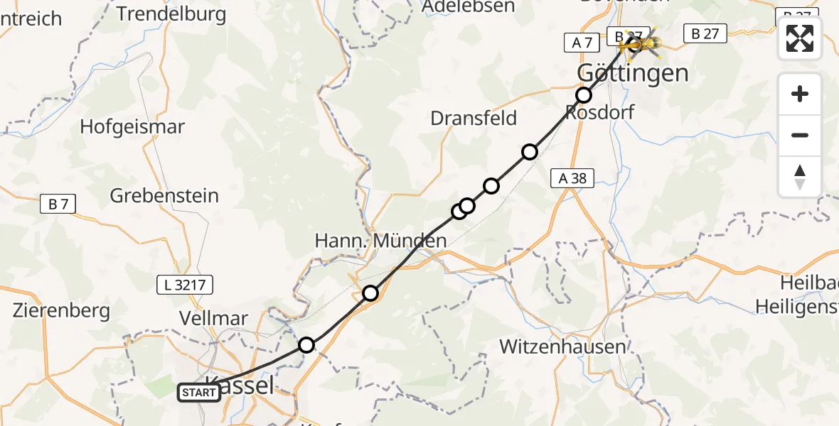 Flugroute Rettungshubschrauber Kassel - Göttingen University Clinic Hubschrauberlandeplatz, 25 Juni 2026, 17:41