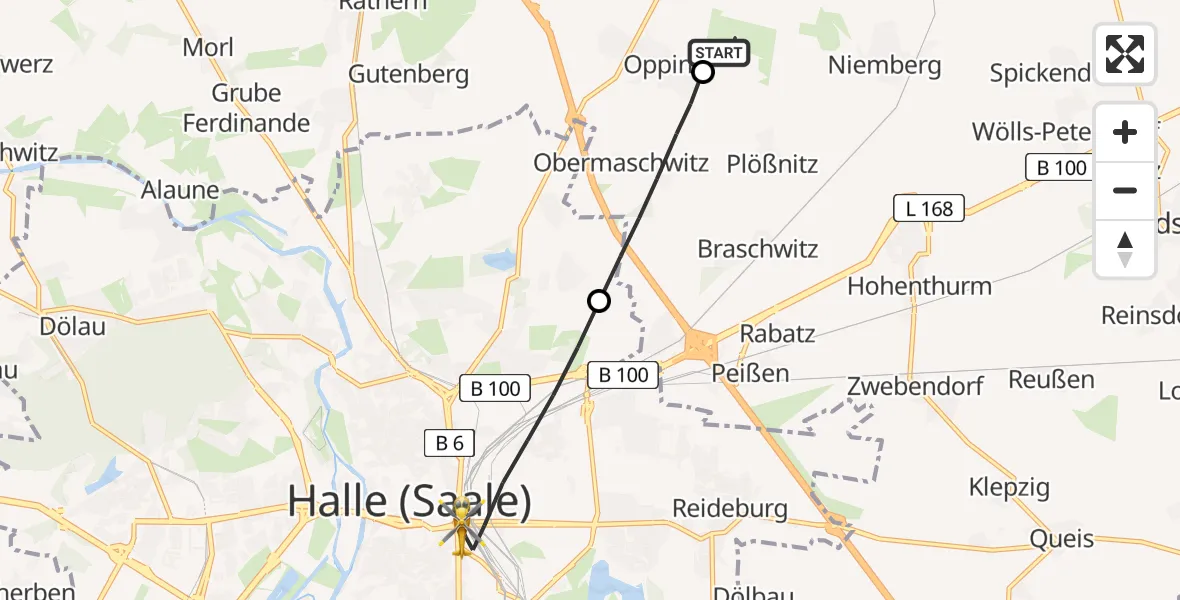 Flugroute Rettungshubschrauber Halle-Oppin Flugplatz - Halle (Saale), 25 Juni 2026, 17:44