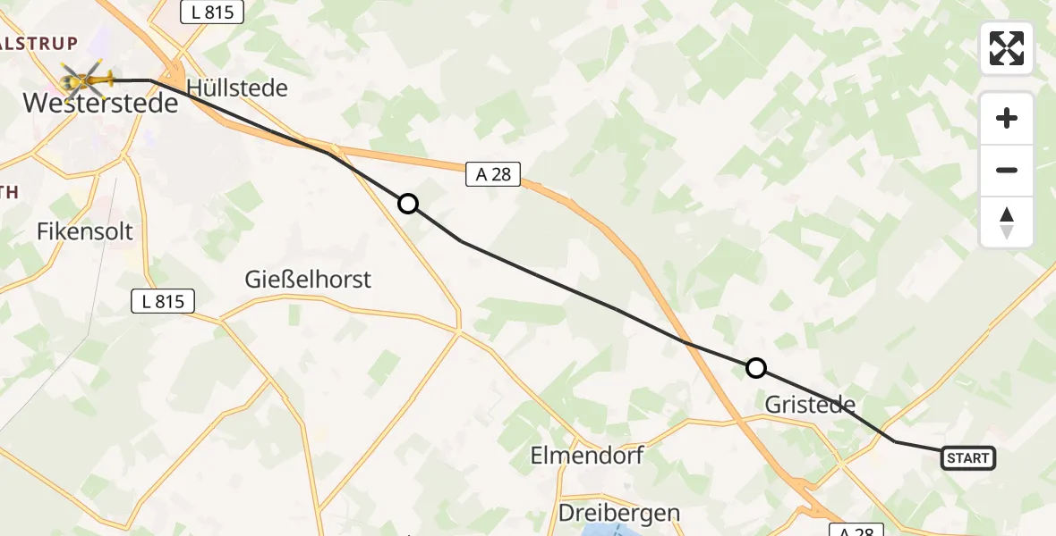 Flugroute Rettungshubschrauber Wiefelstede - Westerstede, 25 Juni 2026, 17:45
