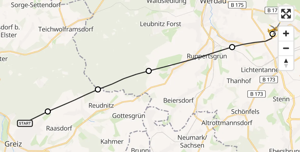 Flugroute Rettungshubschrauber Greiz - ADAC Air Rescue Station Zwickau Hubschrauberlandeplatz, 25 Juni 2026, 17:54