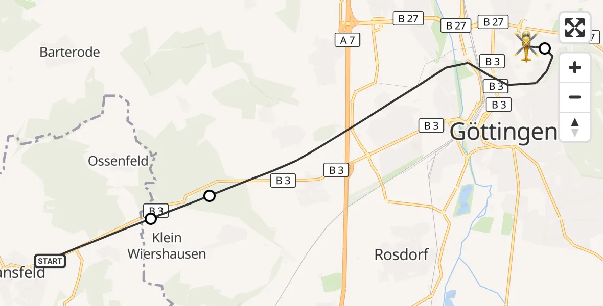Flugroute Rettungshubschrauber Dransfeld - Göttingen University Clinic Hubschrauberlandeplatz, 25 Juni 2026, 17:55