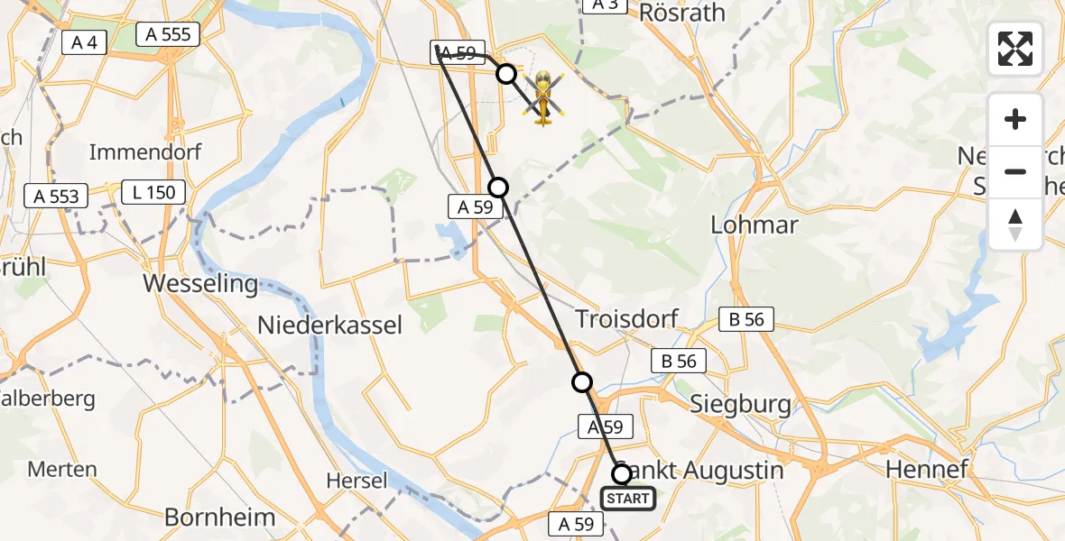 Flugroute Rettungshubschrauber Bonn-Hangelar Flugplatz - Köln Bonn Flughafen, 25 Juni 2026, 17:58