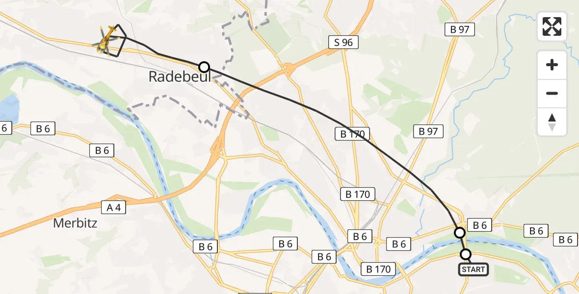 Flugroute Rettungshubschrauber Dresden University Hospital - Radebeul, 25 Juni 2026, 17:59