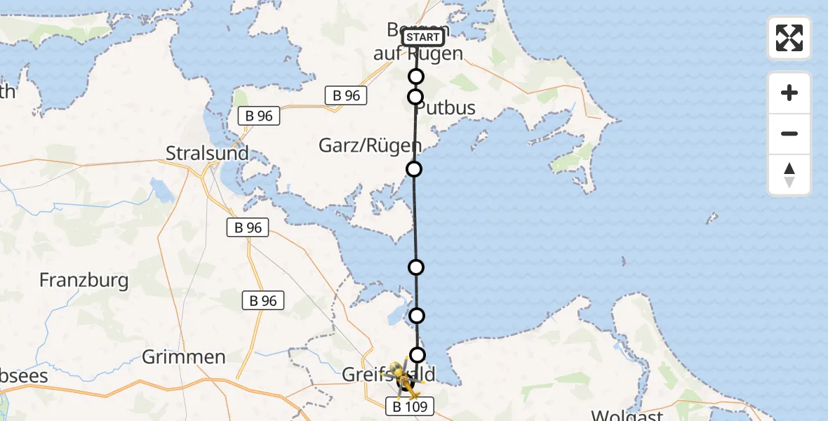Flugroute Rettungshubschrauber Bergen auf Rügen - Greifswald Hospital, 25 Juni 2026, 18:03
