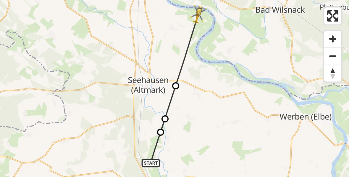 Flugroute Rettungshubschrauber Osterburg (Altmark) - Seehausen (Altmark), 25 Juni 2026, 18:05