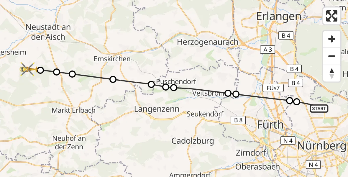 Flugroute Rettungshubschrauber Flughafen Nuremberg - Dietersheim, 25 Juni 2026, 18:11