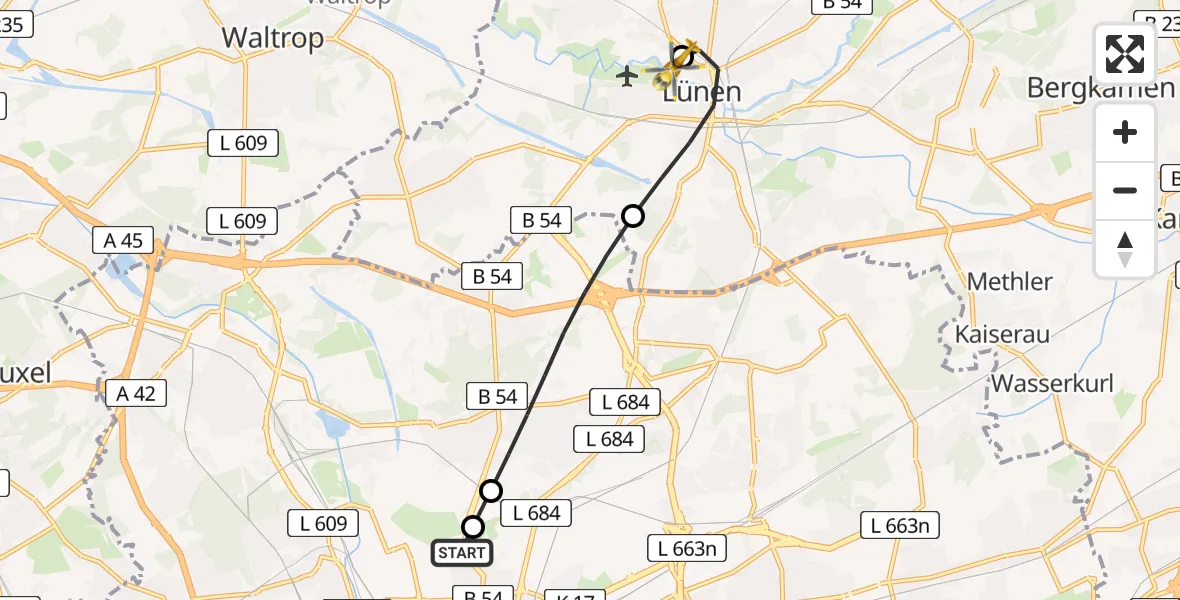 Flugroute Rettungshubschrauber Dortmund Hospital North - Sankt Marien Hospital, 25 Juni 2026, 18:14